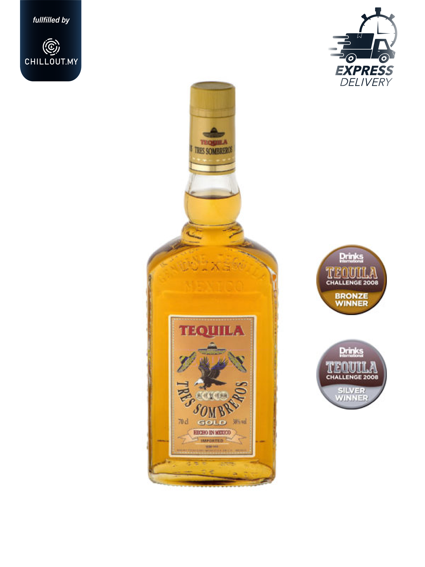 TRES SOMBREROS TEQUILA GOLD 70CL