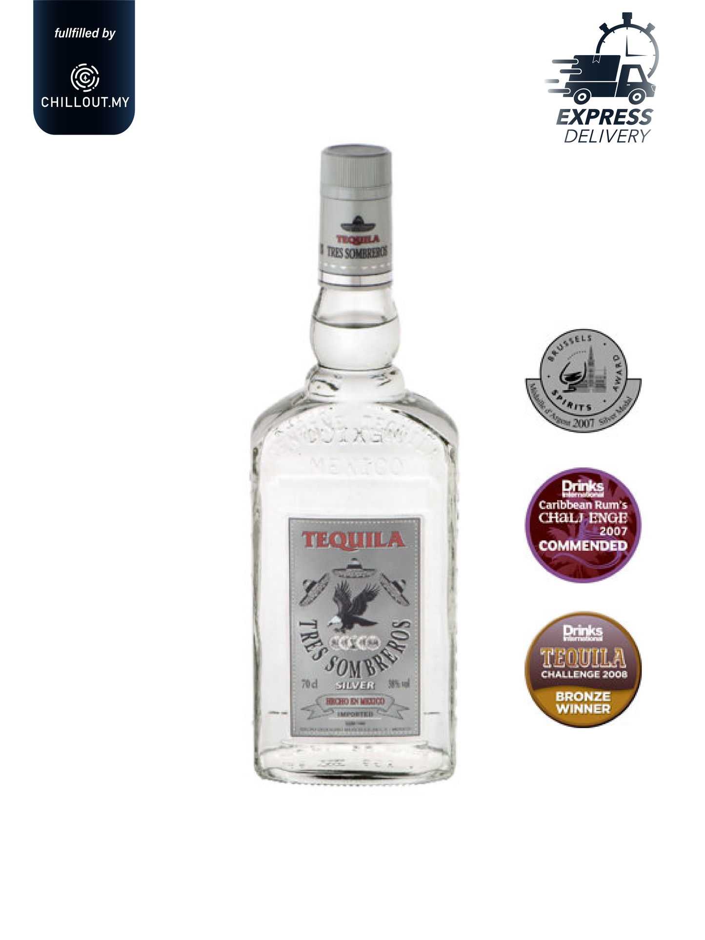 TRES SOMBREROS TEQUILA SILVER 70CL