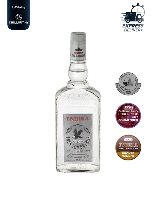 TRES SOMBREROS TEQUILA SILVER 70CL
